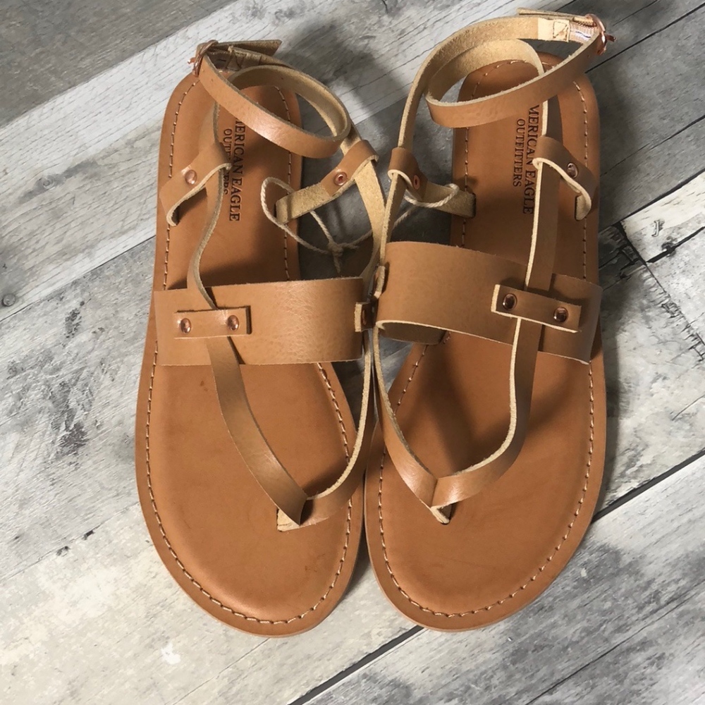 American Eagle Tan Leather Strappy Thong Sandals - Picture 1 of 8